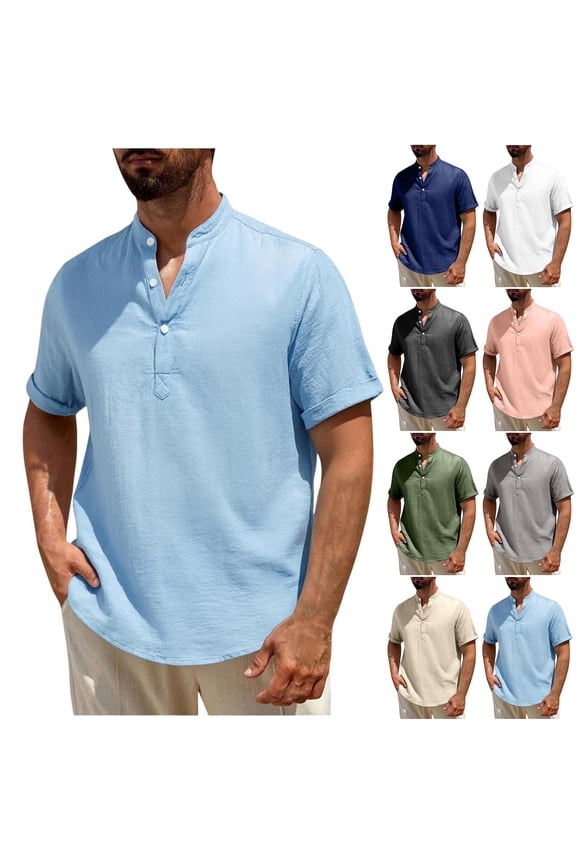 T-Shirts for Men Man Casual Solid Half Button Standing Collar Blouse Shirt Pink XXXXXL