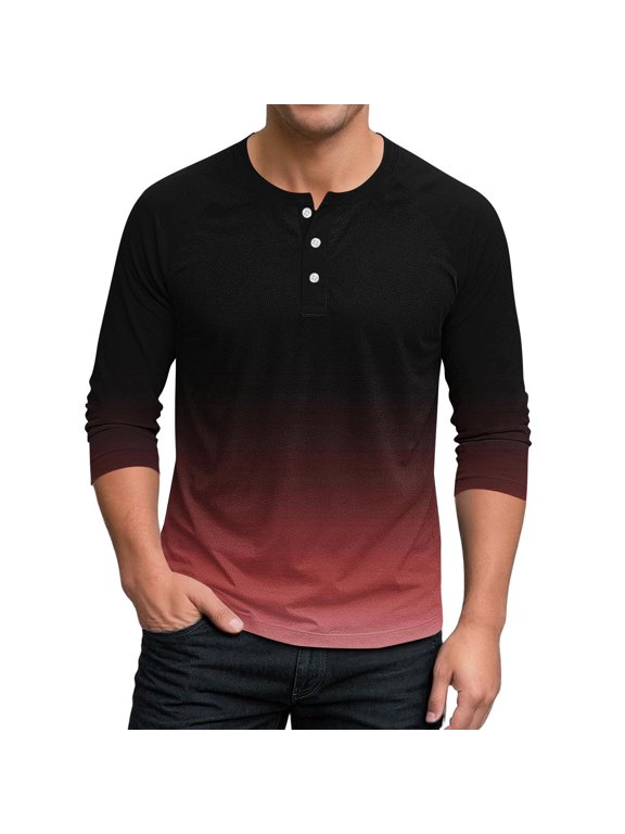 T-Shirts for Men Ombre 3/4 Sleeve Button Down Henley Shirt Summer Spring Casual Stylish Gym Workout Pullover Tops