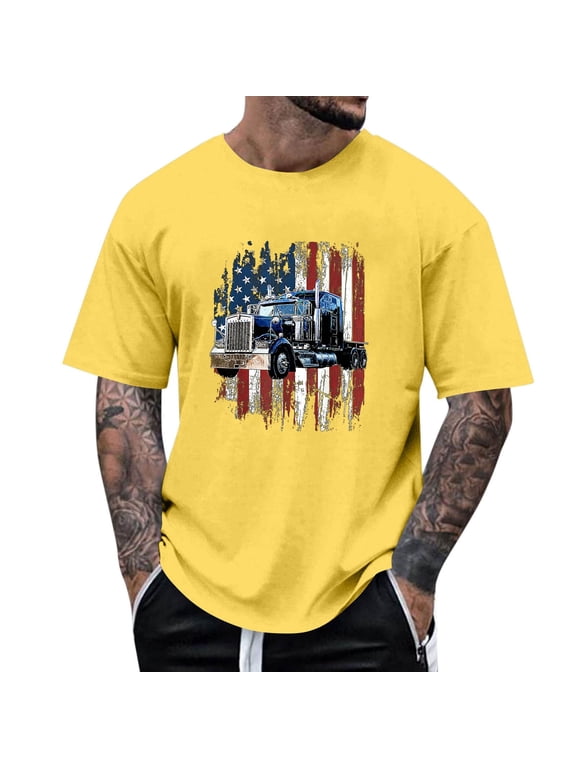 T Shirts for Men Patriotic Farm Tractor Short Sleeve Beach Essentials for Men,Yellow,S