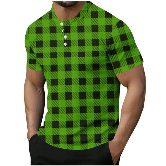 T-Shirts for Men Plus Size Plaid Printed Crewneck Button Short Sleeve Sports Fitness Summer Lightweight Pullover Tops