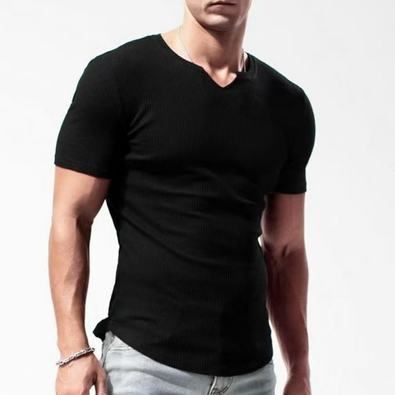 T Shirts for Men Plus Size Solid Color V-Neck Casual Loose Tee Shirts Short Sleeve Mens Summer Tops under $8 M-3XL Black