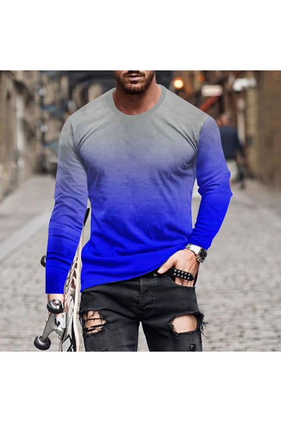 T Shirts for Men Round Neck Big and Tall Plus Size Long Sleeve Pullover T-Shirts Trendy Gradient Printed Tees Loose Comfort Basic Tops S-5X
