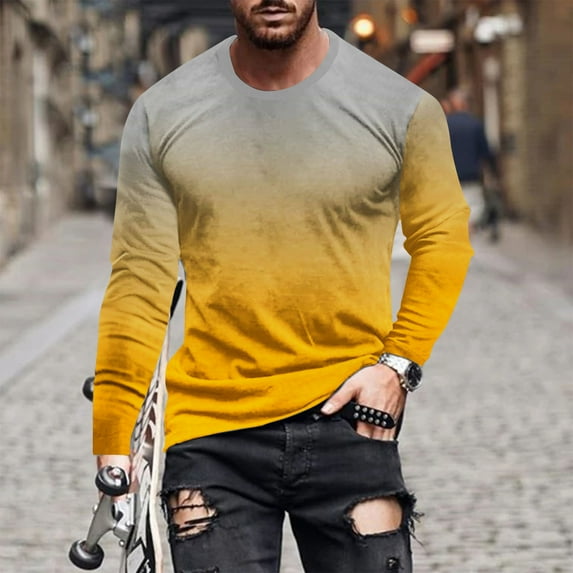 T Shirts for Men Round Neck Big and Tall Plus Size Long Sleeve Pullover T-Shirts Trendy Gradient Printed Tees Loose Comfort Basic Tops S-5X