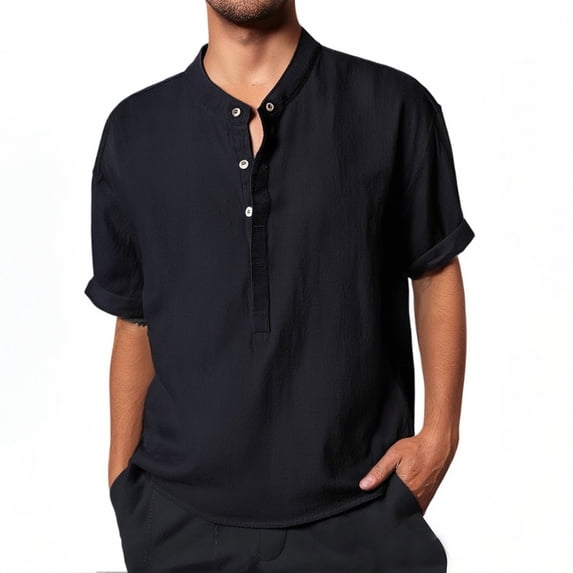 T Shirts for Men Short Sleeve Crew Neck Henley T-Shirt Loose Fit Black Button Shirt Gym Shirts Men