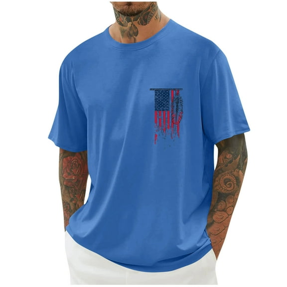 T-Shirts for Men Short Sleeve Round-Neck Independence Day Print Casual Shirts Blue L