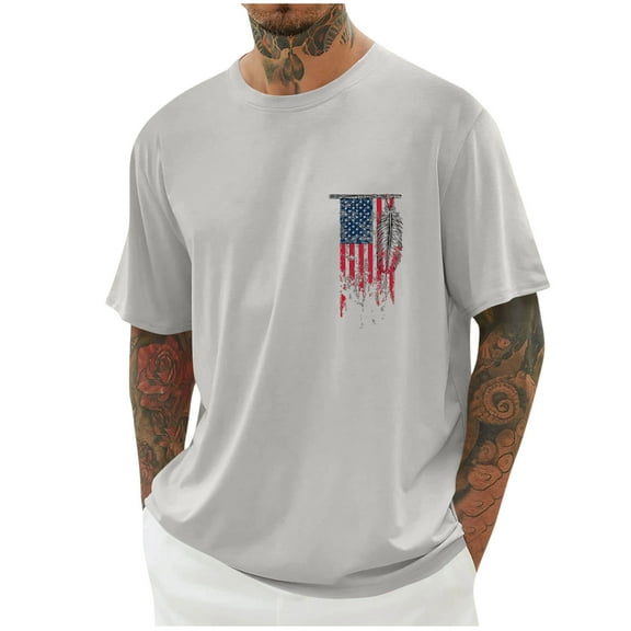 T-Shirts for Men Short Sleeve Round-Neck Independence Day Print Casual Shirts Gray XXXL
