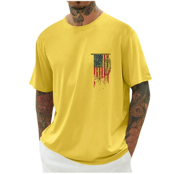 T-Shirts for Men Short Sleeve Round-Neck Independence Day Print Casual Shirts Yellow XXXL