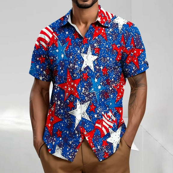 T-Shirts for Men Short Sleeve Turdown Collar Button Up Independence Day Printed Casual Vintage Summer Shirt Blue XXXL