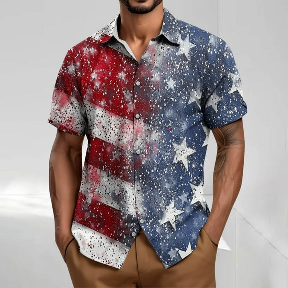 T-Shirts for Men Short Sleeve Turdown Collar Button Up Independence Day Printed Casual Vintage Summer Shirt Blue XXXL