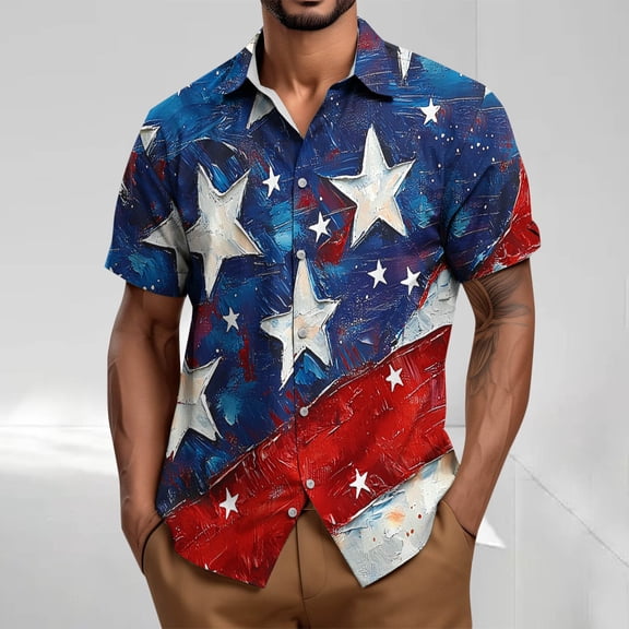 T-Shirts for Men Short Sleeve Turdown Collar Button Up Independence Day Printed Casual Vintage Summer Shirt White L