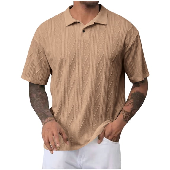 ShomPort T Shirts for Men Soild Color Lapel Texture Tee Loose Daily Casual Tops