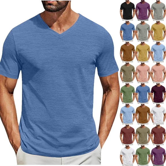 T Shirts for Men Summer Plus Size Solid Color V-Neck Casual Loose Tee Shirts Short Sleeve Mens Summer Tops S-XXL under $7
