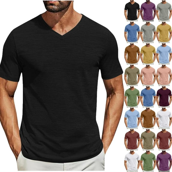 T Shirts for Men Summer Plus Size Solid Color V-Neck Casual Loose Tee Shirts Short Sleeve Mens Summer Tops S-XXL under $7