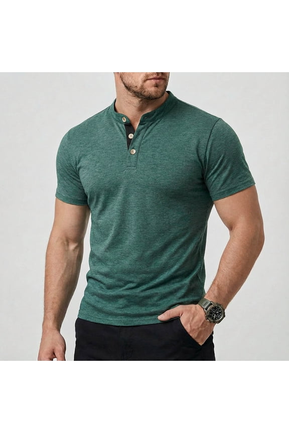T-Shirts for Men Summer T Shirt Fashion Solid Color Casual Fitting Sport Train Breathable Button Short Sleeved Stand-up Collar Top Tees