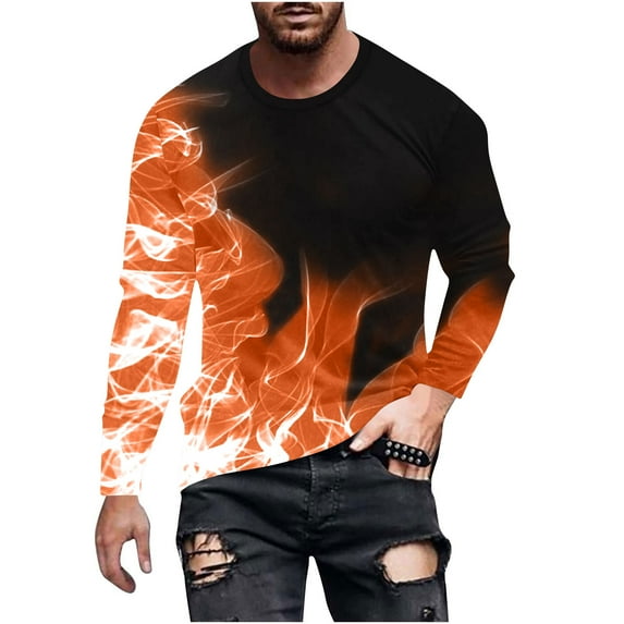 T-Shirts for Men's Long Sleeves 3D Flame Print Slim Sport Casual Pullover Crewneck Sweatshirts