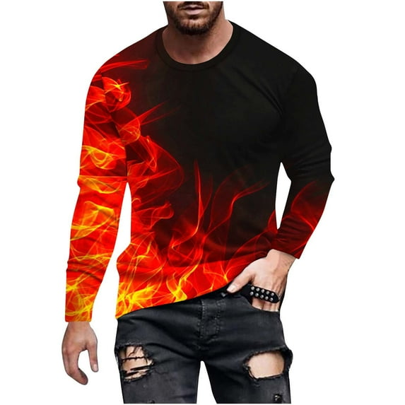 T-Shirts for Men's Long Sleeves 3D Flame Print Slim Sport Casual Pullover Crewneck Sweatshirts