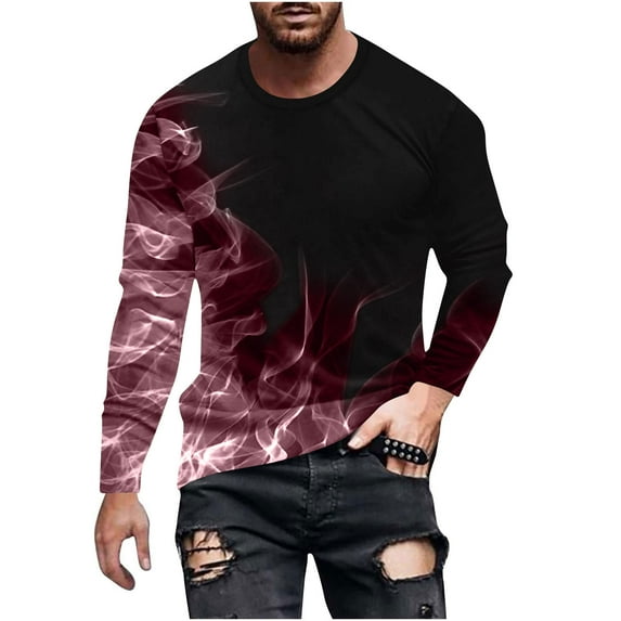T-Shirts for Men's Long Sleeves 3D Flame Print Slim Sport Casual Pullover Crewneck Sweatshirts