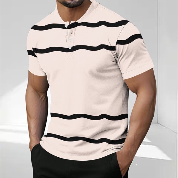 T Shirts for Men with Button Short Sleeve Crewneck Tees Tops Mens Casual Stripe Printed Pullover Slim Breathable Loungewear Workout Tshirts Shirt