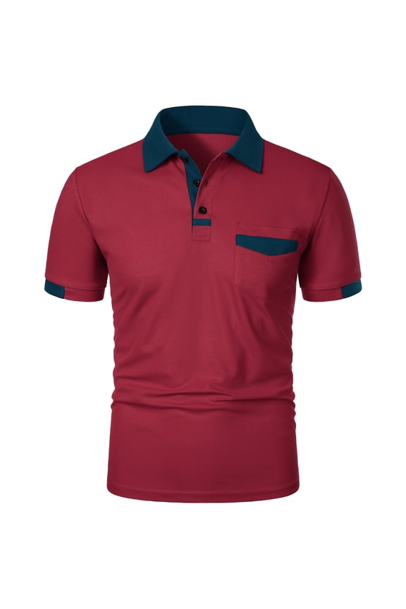 T-Shirts for Mens Solid Color Short Sleeved Stand Up Collar Casual T-shirt Wine L