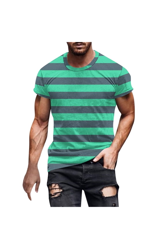 T-Shirts for Mens under $5 Stripe Round Neck Short Sleeve Print Casual T-shirt Army Green L