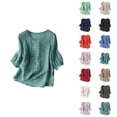 thumbnail image 1 of T Shirts for Women 2025 3/4 Sleeve Crewneck Cotton Linen Embroidery Comfortable Loose Tshirt Womens T Shirts, 1 of 8