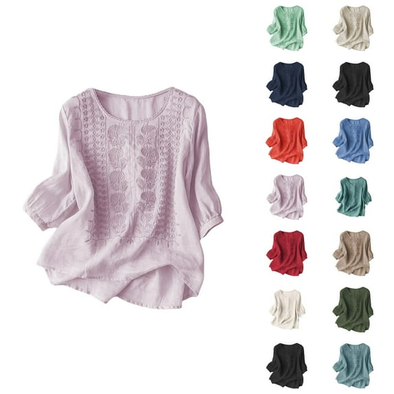 T Shirts for Women 2025 3/4 Sleeve Crewneck Cotton Linen Embroidery Comfortable Loose Tshirt Womens T Shirts