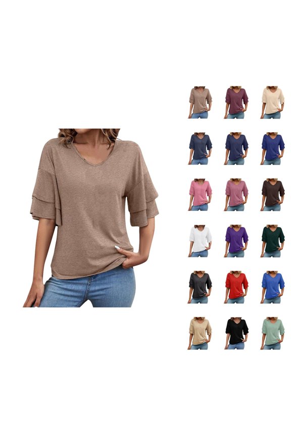 T Shirts for Women 2025 Cute Double Layer Ruffle Sleeve V Neck Loose Fit Plain Tshirt Womens T Shirts
