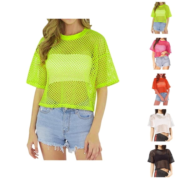 T Shirts for Women 2025 Fishnet Hollow Out See Trough Short Sleeve Crewneck Beach Cover Up Womens T Shirts
