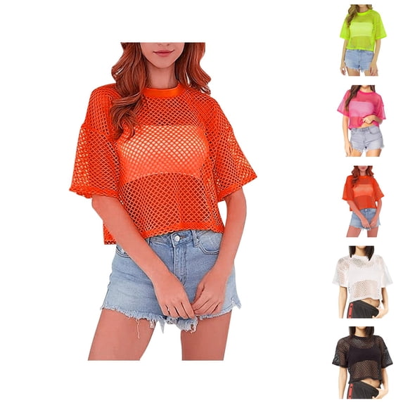 T Shirts for Women 2025 Fishnet Hollow Out See Trough Short Sleeve Crewneck Beach Cover Up Womens T Shirts