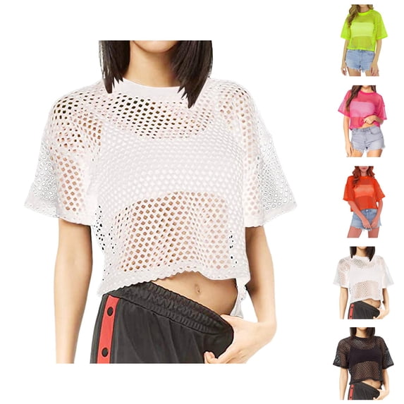 T Shirts for Women 2025 Fishnet Hollow Out See Trough Short Sleeve Crewneck Beach Cover Up Womens T Shirts