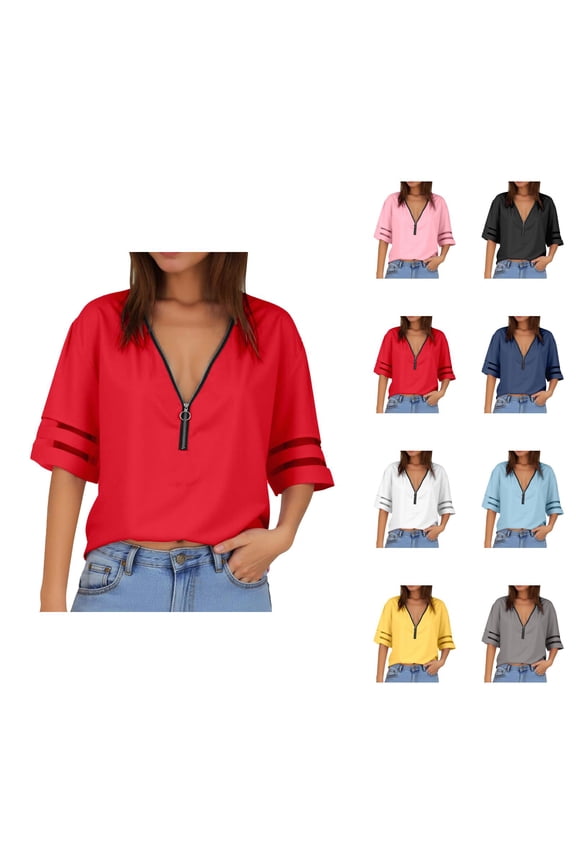 T Shirts for Women 2025 Flared Elbow Sleeve V Neck Half Zipper Loose Fit Casual Tshirt Womens T Shirts