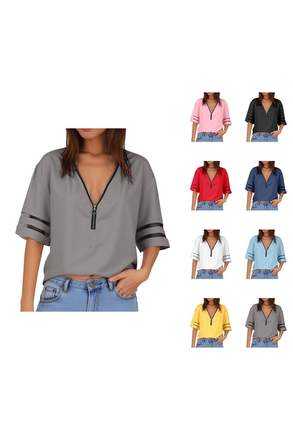 T Shirts for Women 2025 Flared Elbow Sleeve V Neck Half Zipper Loose Fit Casual Tshirt Womens T Shirts