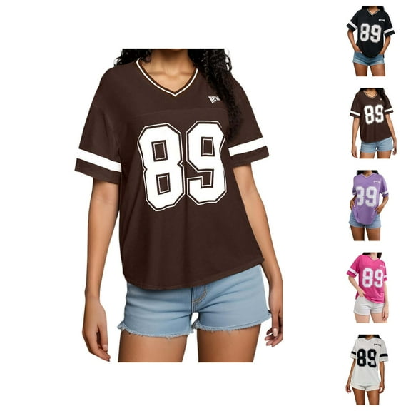 T Shirts for Women 2025 New York Number Print Short Sleeve V Neck Casual Loose Tshirt Womens T Shirts