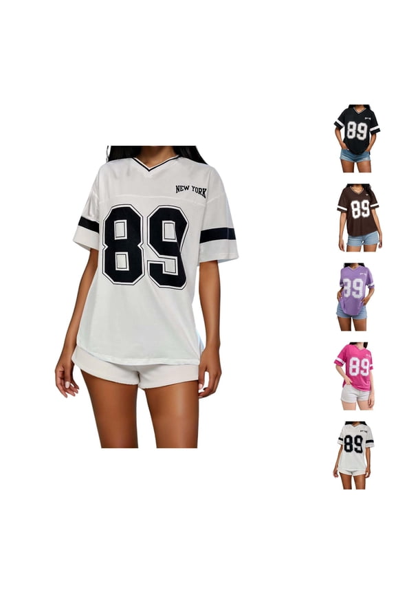 T Shirts for Women 2025 New York Number Print Short Sleeve V Neck Casual Loose Tshirt Womens T Shirts
