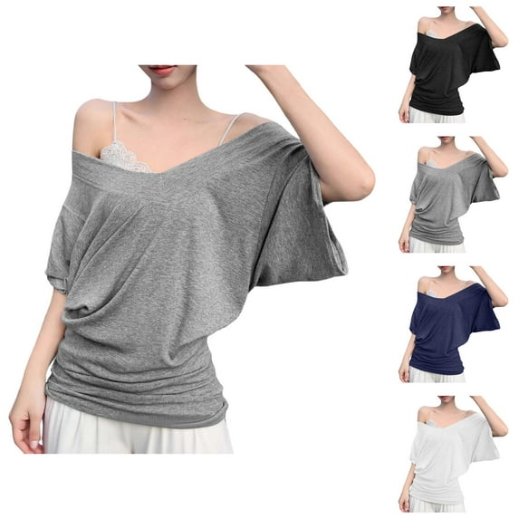 T Shirts for Women 2025 Short Batwing Sleeve Off Shoulder Casual Loose Plain Tshirt Summer Tops Womens T Shirts