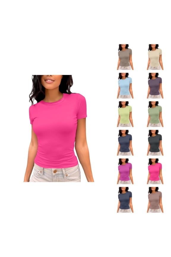 T Shirts for Women 2025 Short Sleeve Crewneck Slim Fit Solid Color Plain Basic Tshirt Womens T Shirts