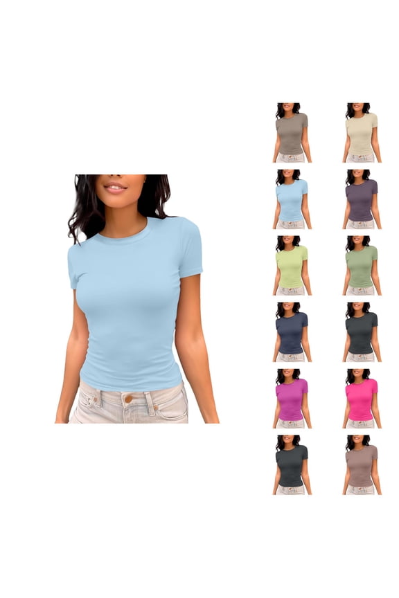 T Shirts for Women 2025 Short Sleeve Crewneck Slim Fit Solid Color Plain Basic Tshirt Womens T Shirts