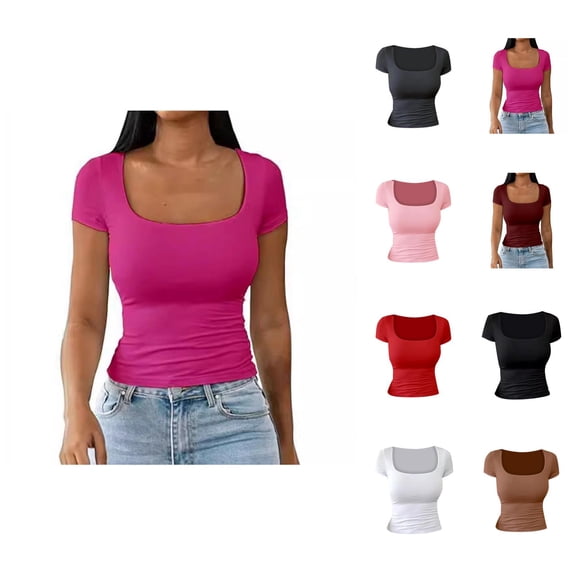 T Shirts for Women 2025 Short Sleeve Slim Fit U-Neck Plain Tshirt Basic Summer Casual Tops Womens T Shirts