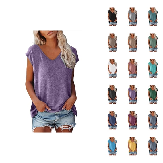T Shirts for Women 2025 Summer Short Cap Sleeve V Neck Loose Fit Casual Plain Basic Tshirt Womens T Shirts