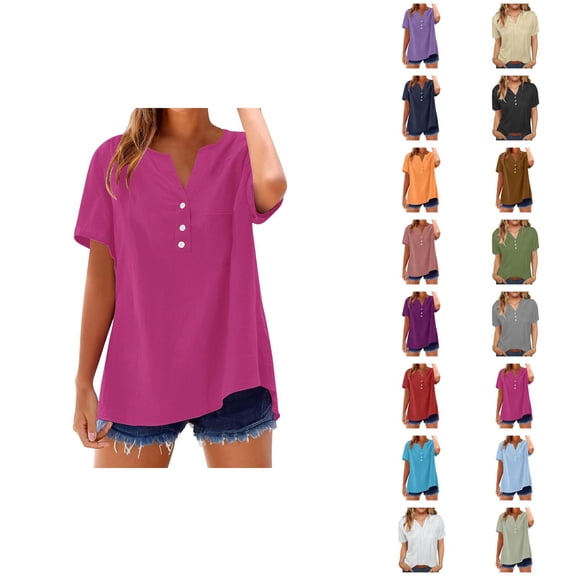 T Shirts for Women 2025 Summer Short Sleeve V Neck Button Stand Collar Plain Tshirt Blouse Womens T Shirts