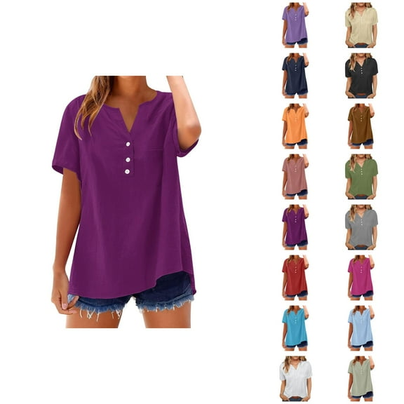 T Shirts for Women 2025 Summer Short Sleeve V Neck Button Stand Collar Plain Tshirt Blouse Womens T Shirts