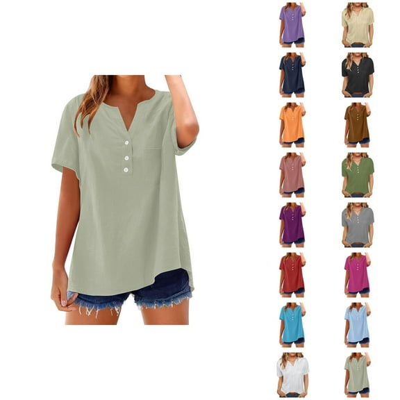 T Shirts for Women 2025 Summer Short Sleeve V Neck Button Stand Collar Plain Tshirt Blouse Womens T Shirts