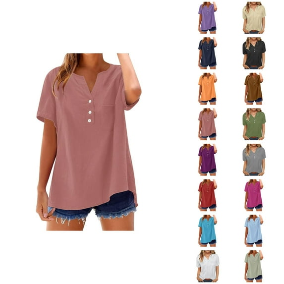 T Shirts for Women 2025 Summer Short Sleeve V Neck Button Stand Collar Plain Tshirt Blouse Womens T Shirts