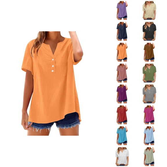 T Shirts for Women 2025 Summer Short Sleeve V Neck Button Stand Collar Plain Tshirt Blouse Womens T Shirts