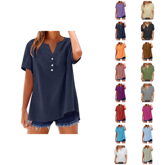 T Shirts for Women 2025 Summer Short Sleeve V Neck Button Stand Collar Plain Tshirt Blouse Womens T Shirts