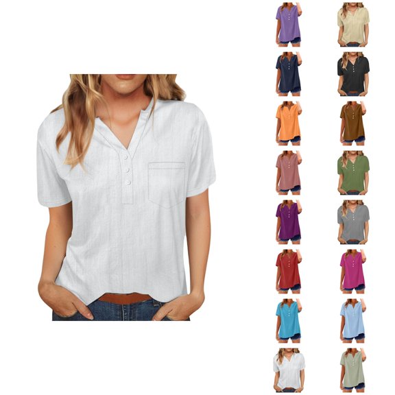 T Shirts for Women 2025 Summer Short Sleeve V Neck Button Stand Collar Plain Tshirt Blouse Womens T Shirts
