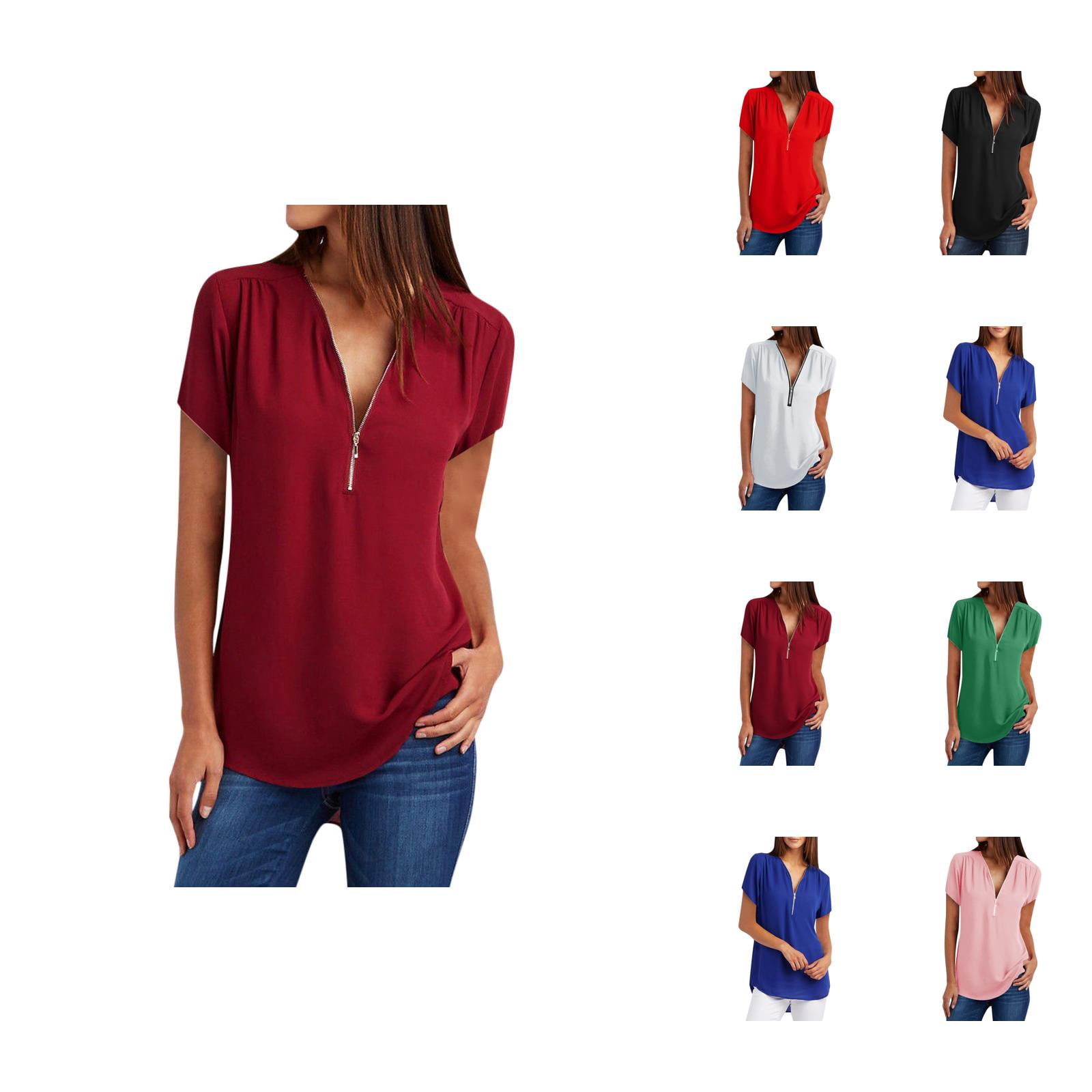 T Shirts for Women 2025 Summer Short Sleeve V Neck Half Zipper Casual ...