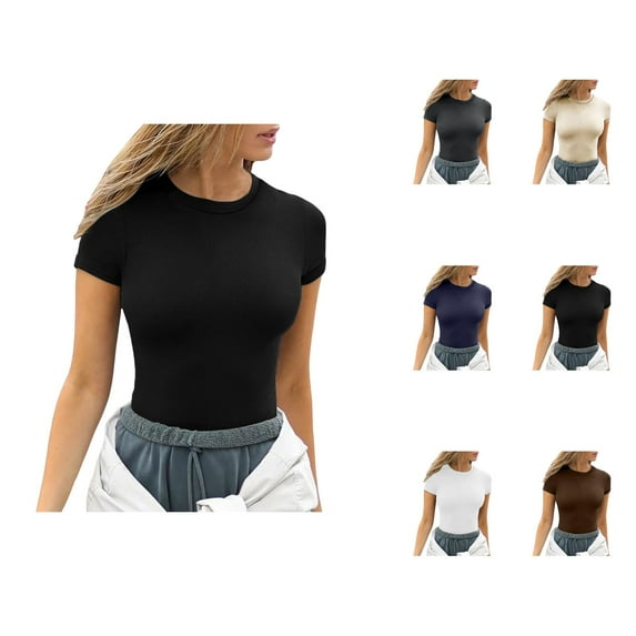 T Shirts for Women 2025 Y2K Short Sleeve Crewneck Slim Fit Stretchy Ribbed Plain Basic Tshirt Womens T Shirts