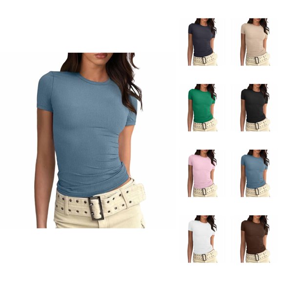 T Shirts for Women 2025 Y2K Short Sleeve Crewneck Slim Fit Tight Ribbed Plain Cropped Tshirt Tees Womens T Shirts
