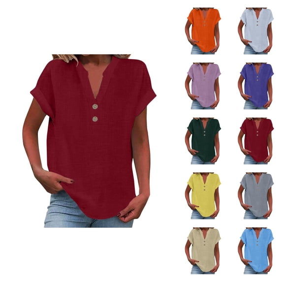 T Shirts for Women 2026 Summer Cotton Linen Short Sleeve V Neck Loose Business Casual Office Work Tshirt Blouse Top